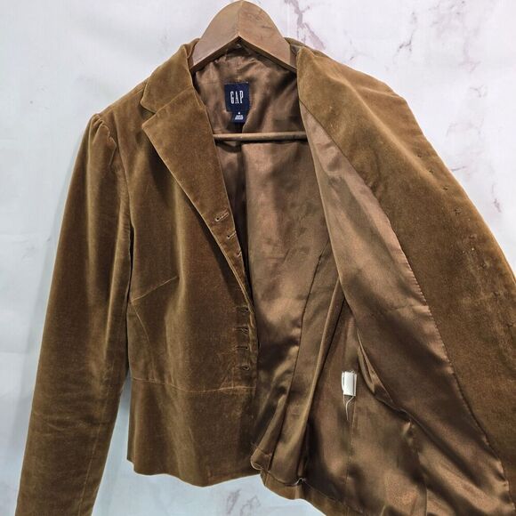 Gap Blazer Womens Small 4 Brown Velvet Vintage Jacket Pleated Stretch Cognac Y2K - Picture 9 of 10